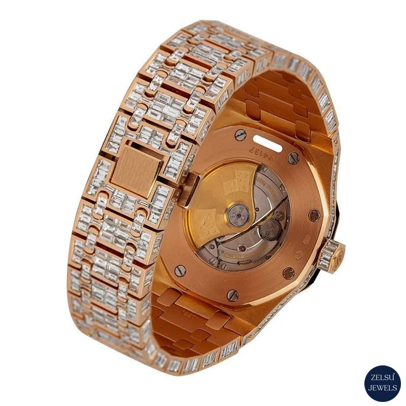 Exquisite emerald diamond watch with rose gold stainless steel, perfect for those who appreciate luxury and unique design.