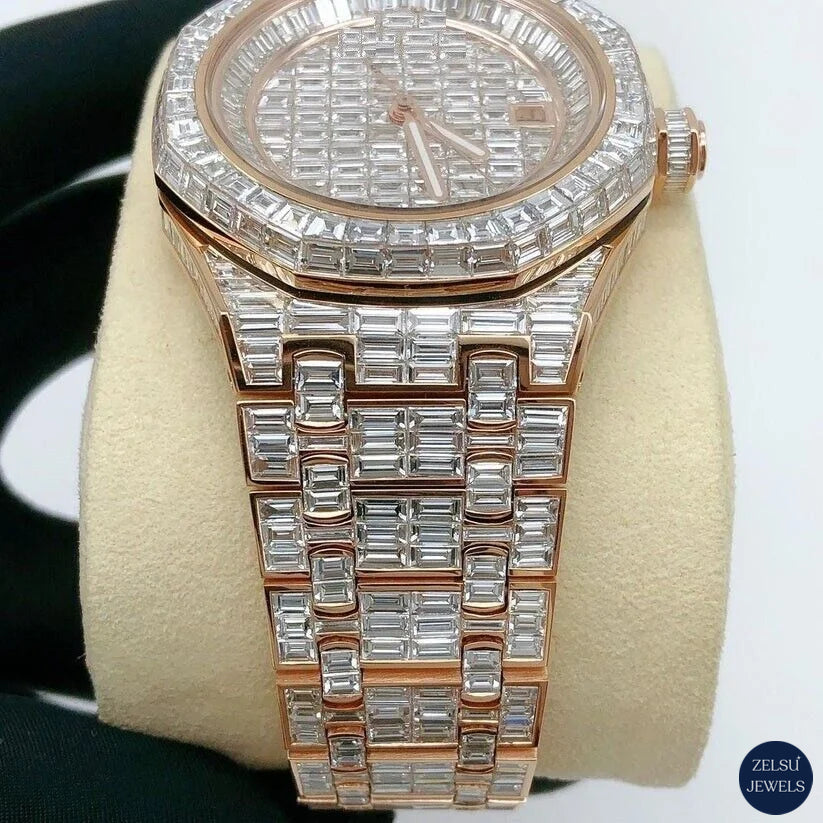 Radiant emerald diamond watch with rose gold stainless steel, offering a luxurious and sophisticated accessory.