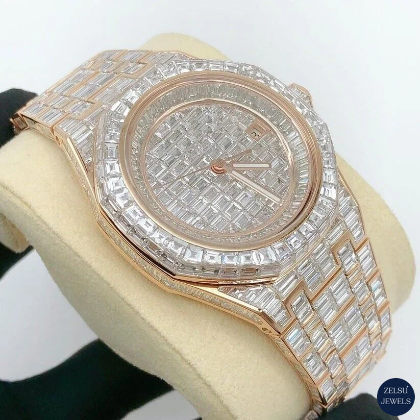 Sophisticated emerald diamond watch featuring rose gold stainless steel for a refined, high-end look.