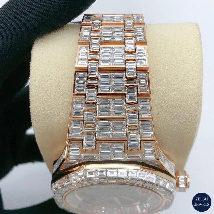 Elegant emerald diamond watch with rose gold stainless steel, perfect for adding a touch of luxury and elegance.