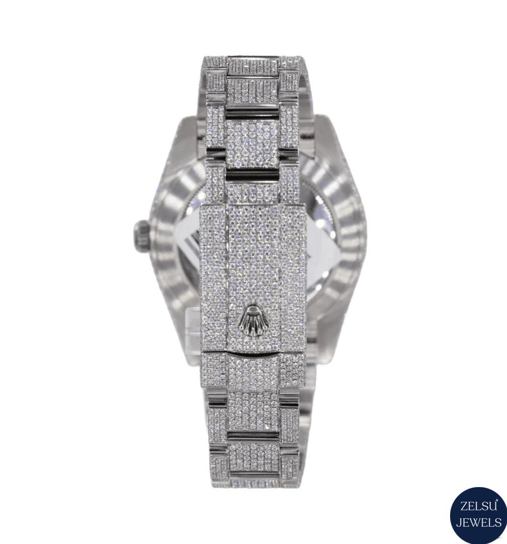 Exquisite silver diamond bust-down watch with stunning diamonds for a high-end, luxury look.