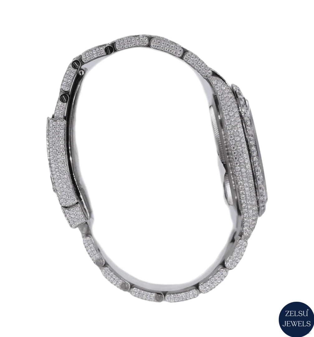 Radiant silver diamond bust-down watch, perfect for those seeking a luxury timepiece with a bold design.