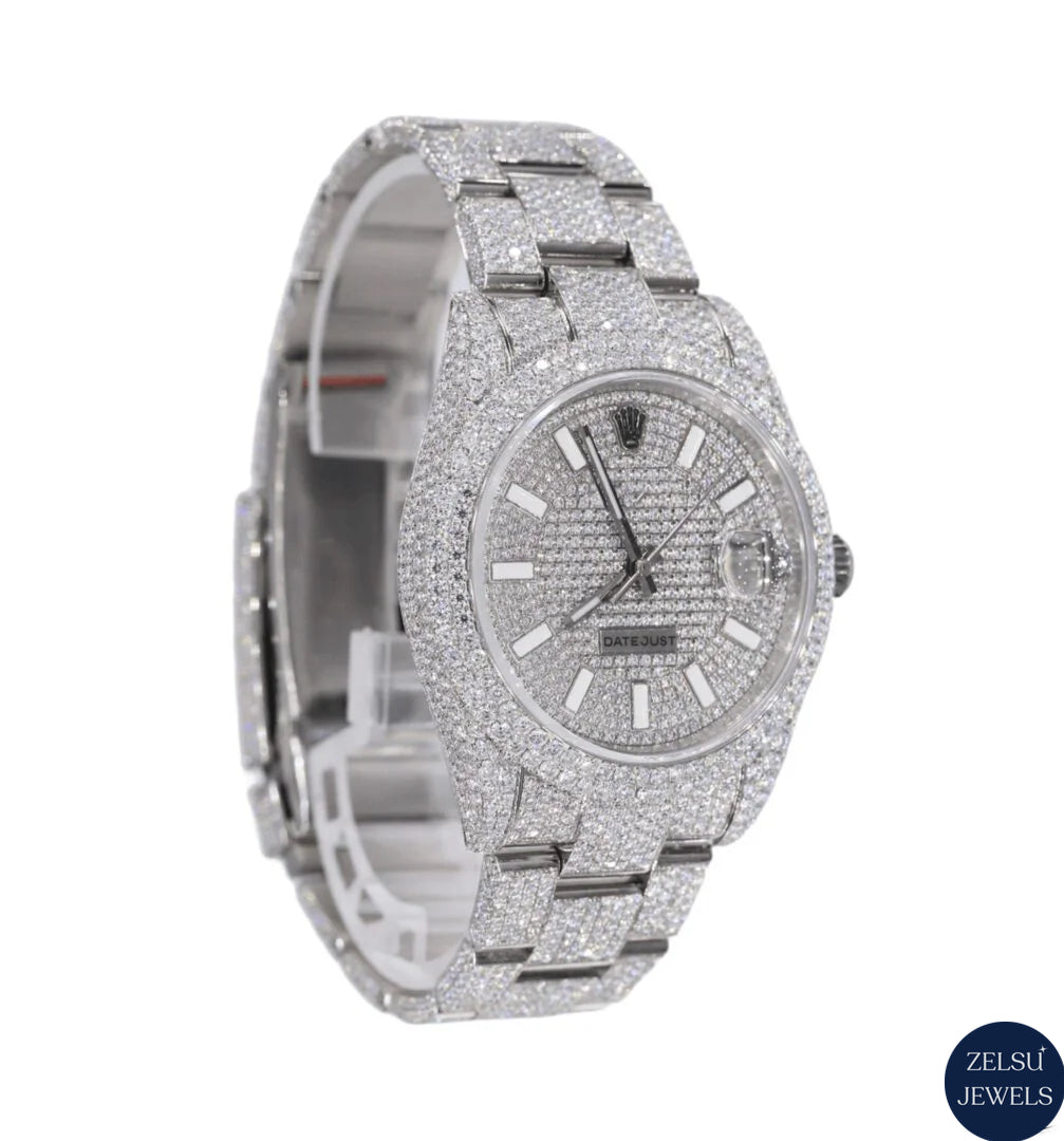 Sophisticated silver diamond bust-down watch, offering elegance and sparkle with each diamond.