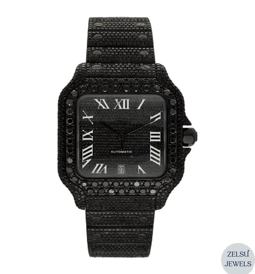 Royal-style black diamond bust-down watch, offering bold elegance with radiant diamonds and a striking design.