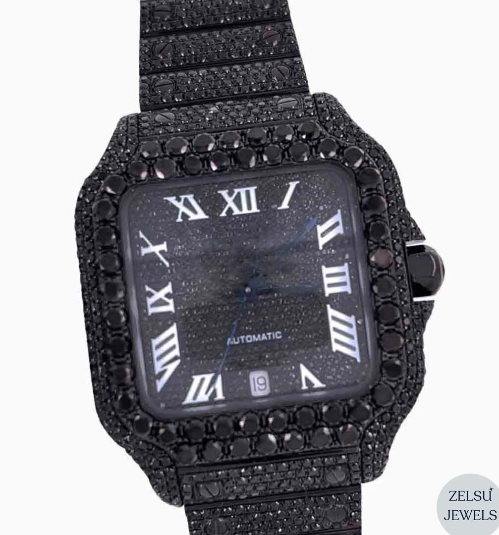 Luxury royal-style black diamond bust-down watch, perfect for those who appreciate bold, elegant designs with stunning diamonds.