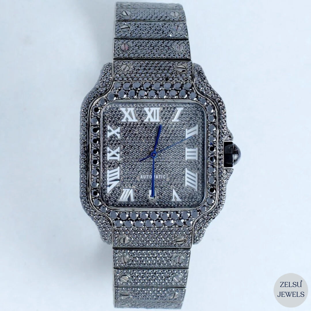 Exquisite royal-style black diamond bust-down watch, combining luxury and sophistication with every detail.