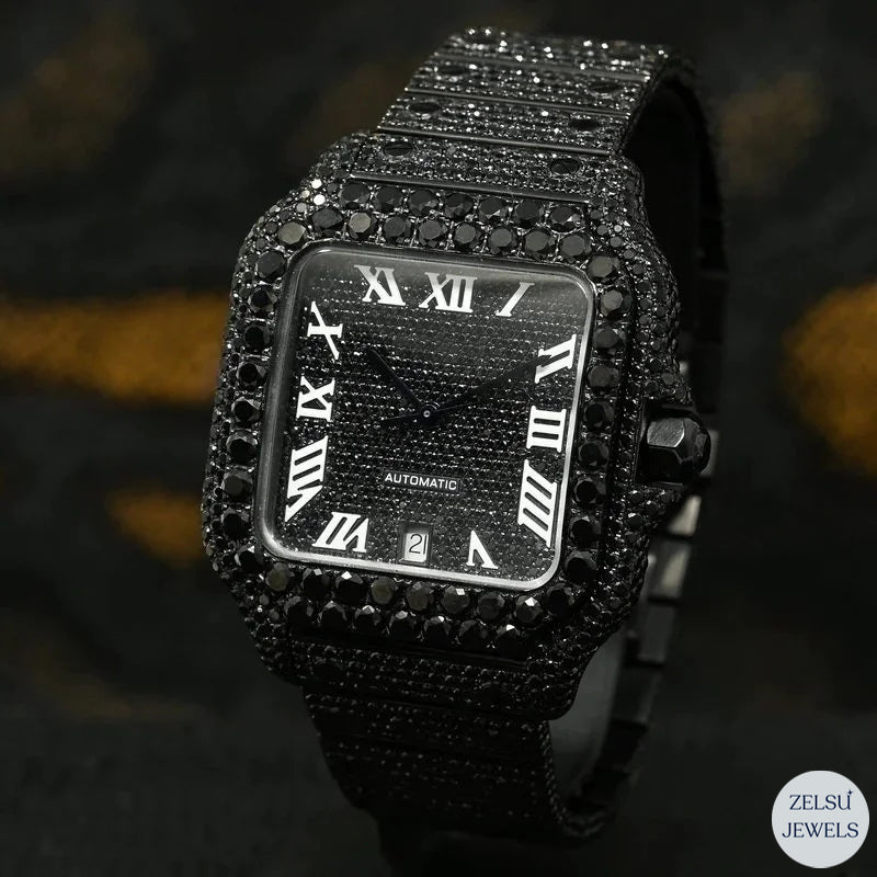 Luxury black diamond bust-down watch with a royal design, featuring radiant diamonds for a powerful, high-end look.