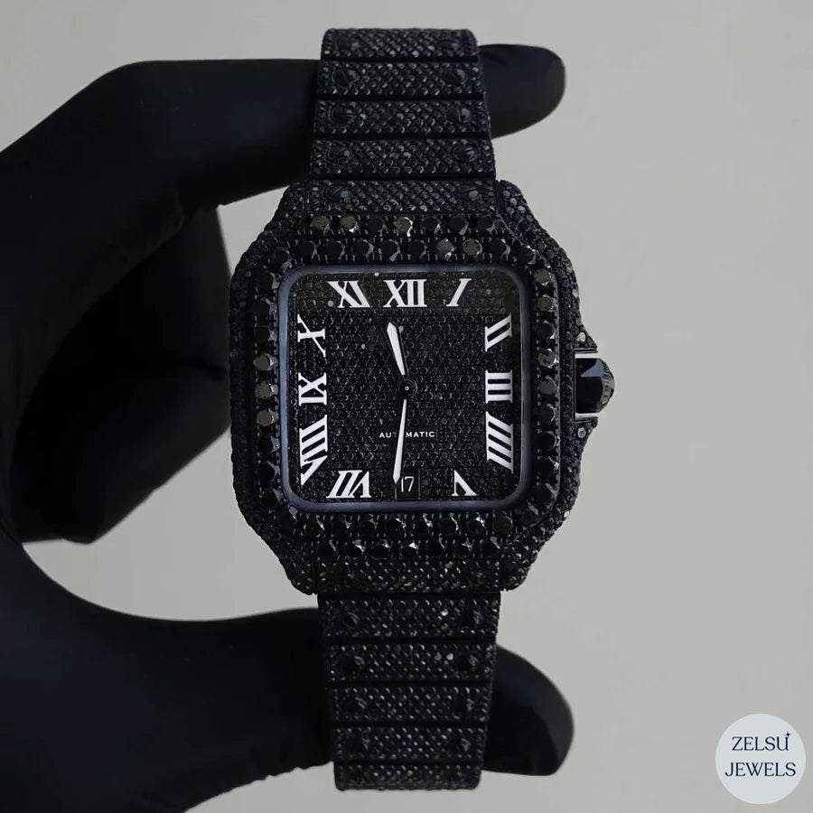 Sophisticated royal-style black diamond bust-down watch, perfect for making a bold luxury statement.