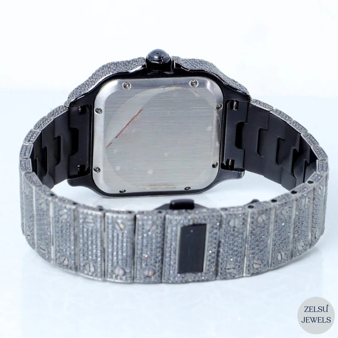 Stunning royal-style black diamond bust-down watch, featuring radiant diamonds for a bold, luxury design.