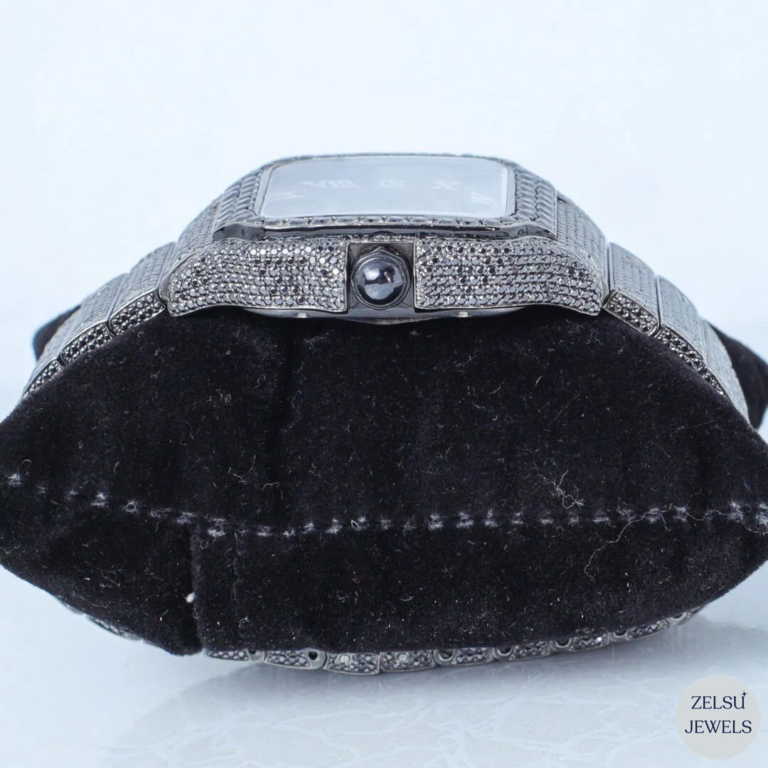 Exquisite royal-style black diamond bust-down watch, offering both opulence and sophistication in a luxury timepiece.