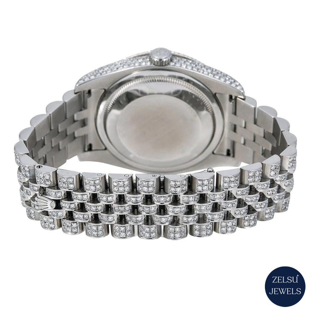 Luxury silver diamond watch featuring a multi-color rainbow dial and radiant diamond details.