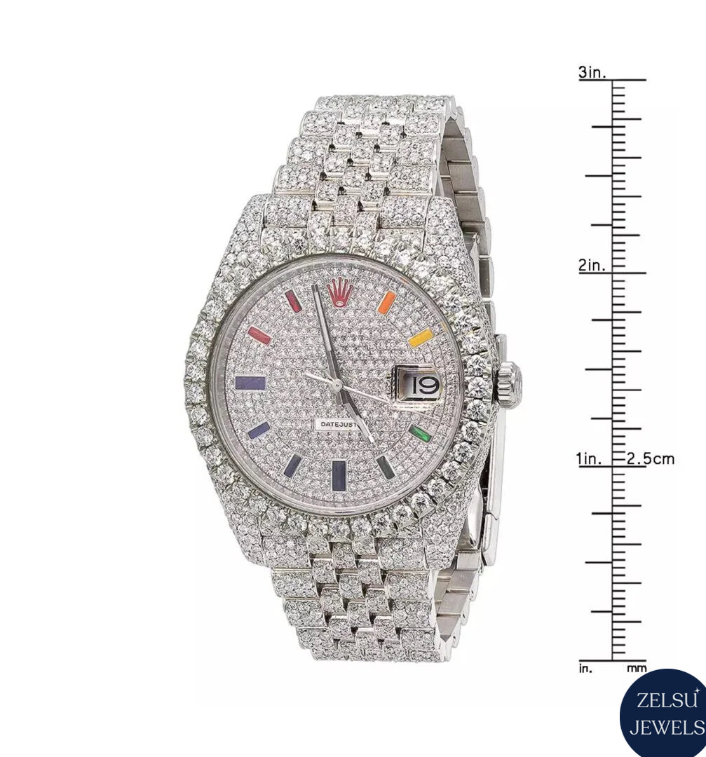 Elegant silver diamond watch with a dazzling multi-color rainbow dial for a bold and vibrant style.