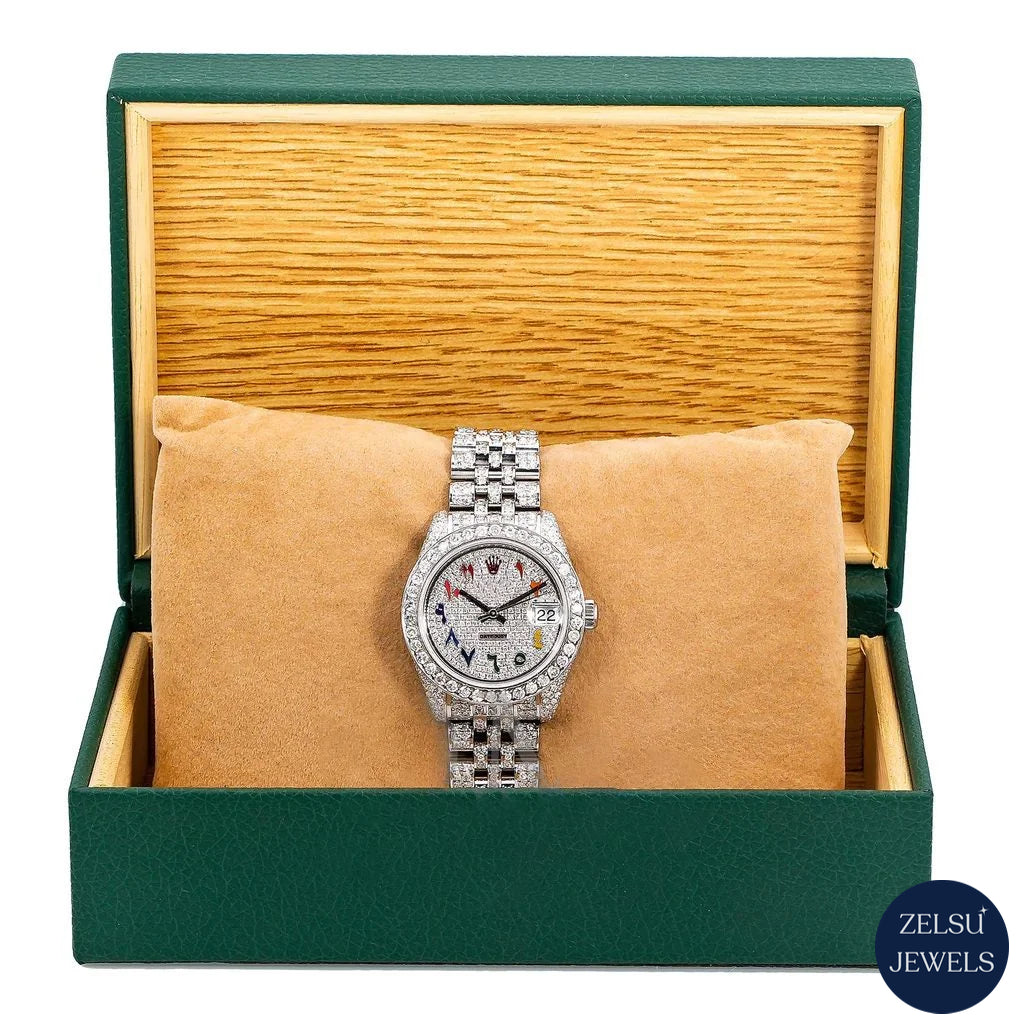 Silver diamond watch with vibrant rainbow dial and radiant diamonds, offering a unique luxury look.