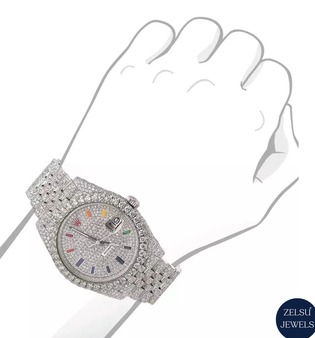 Glamorous silver diamond watch with a colorful rainbow dial and gleaming diamond accents.