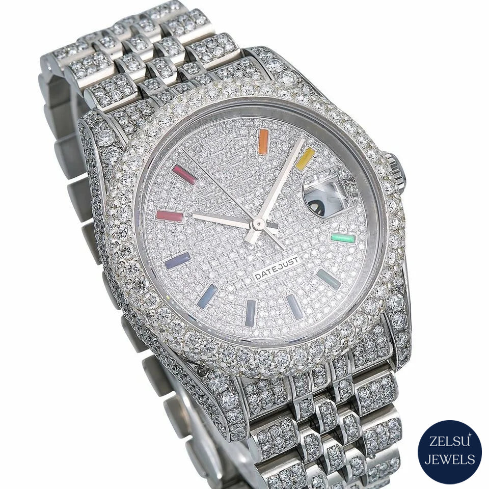 Exquisite silver diamond watch featuring a dazzling rainbow dial and high-end diamond detailing.