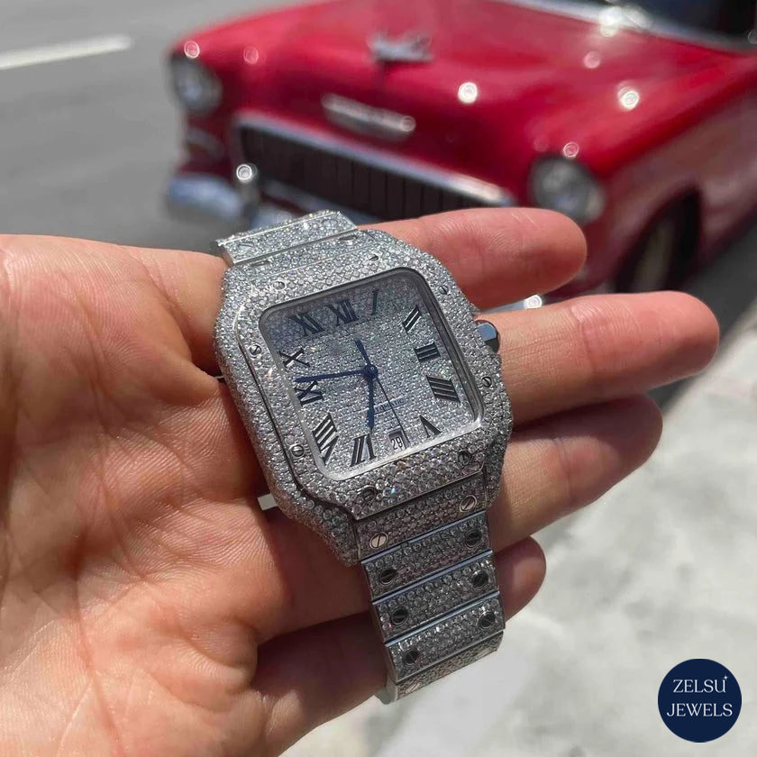 Silver bust-down diamond watch, combining dazzling diamonds with classic design for a refined luxury accessory.