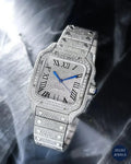 Elegant silver bust-down diamond watch, featuring sparkling diamonds for a stunning, high-end timepiece.