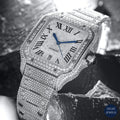 Luxury silver bust-down diamond watch with radiant diamonds, perfect for making a bold fashion statement.