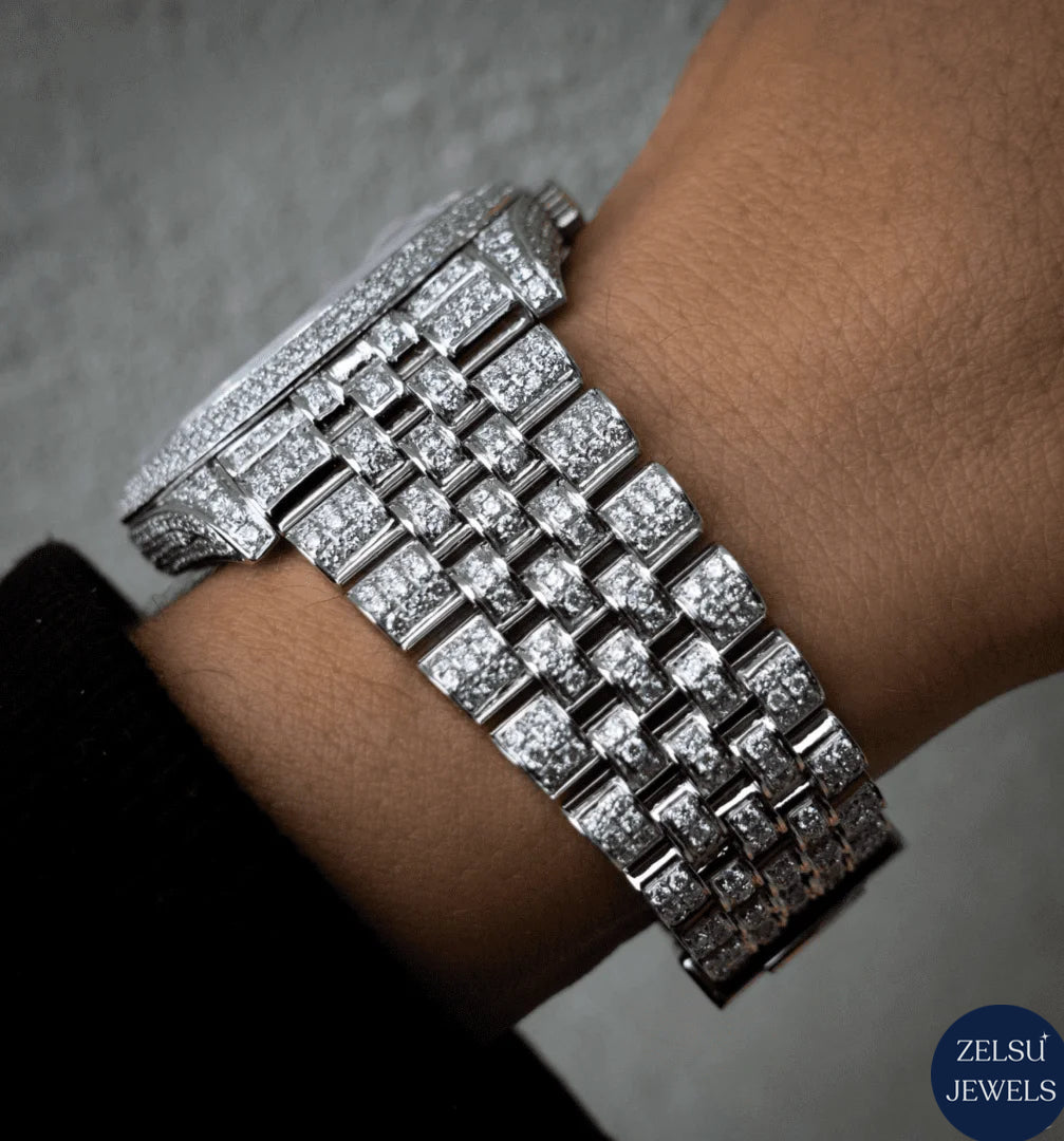 Sophisticated silver diamond watch with black crystal dial and radiant diamonds, perfect for a bold statement.