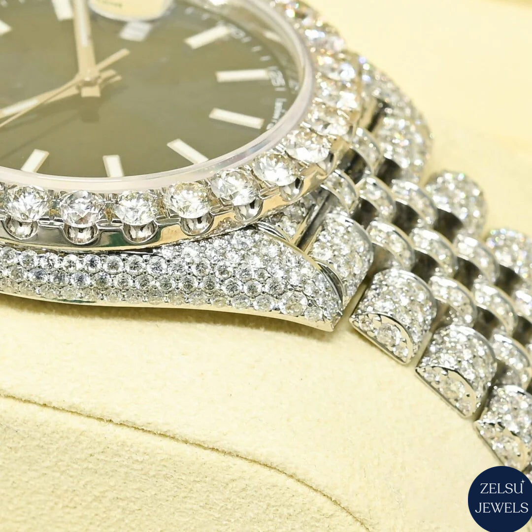 Radiant silver diamond watch with a black crystal dial, perfect for those seeking a high-end, sophisticated look.