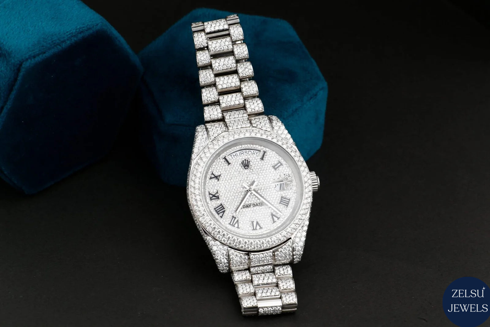 Exquisite Rolex silver bust-down diamond watch, perfect for making a statement with brilliant diamonds.