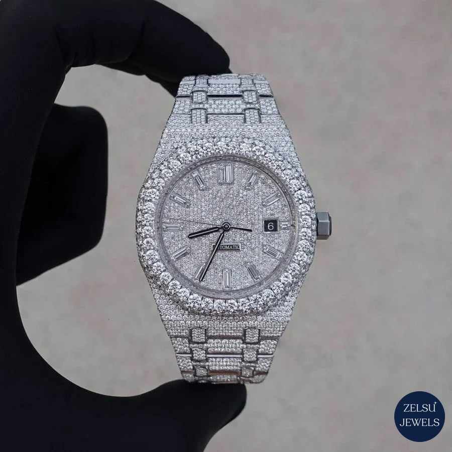 Sophisticated silver moissanite diamond watch, offering radiant diamonds for a bold luxury timepiece.