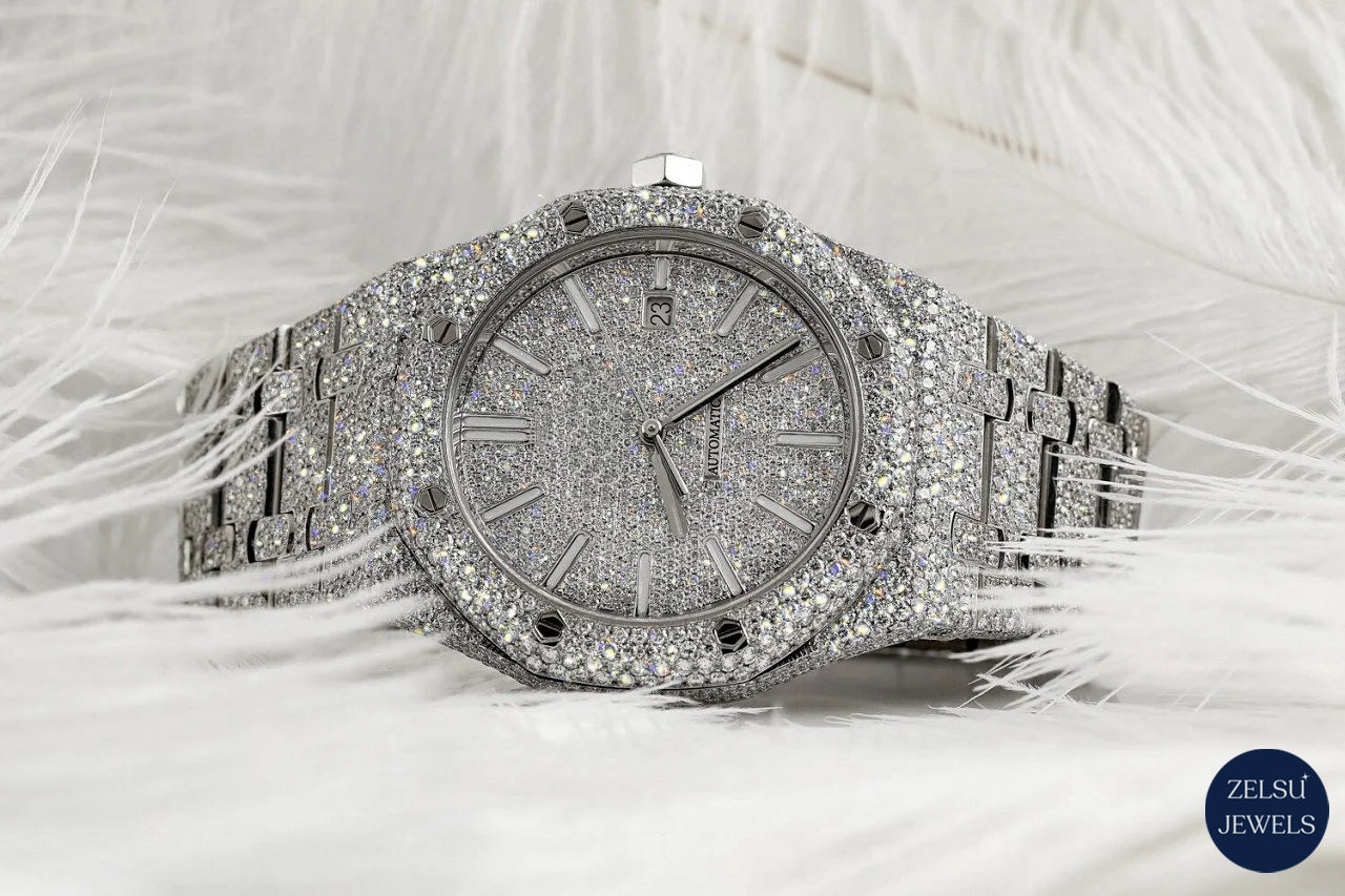Exquisite silver moissanite diamond watch, featuring brilliant diamonds for a timeless and elegant design.