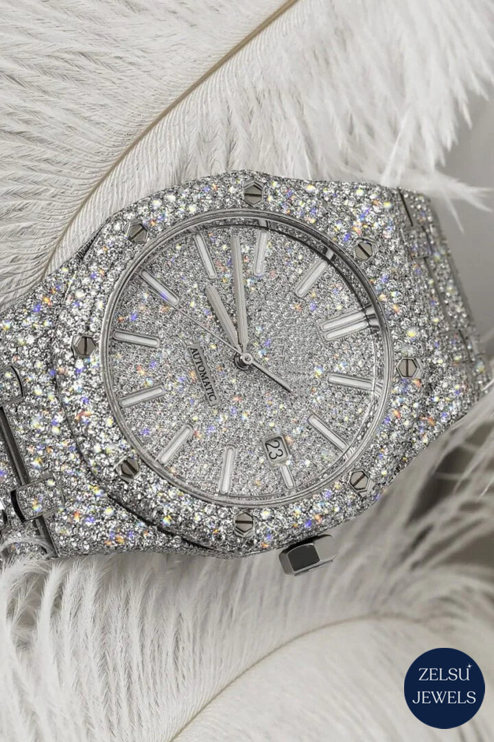 Luxury silver moissanite diamond watch with sparkling diamonds, perfect for making a bold fashion statement.