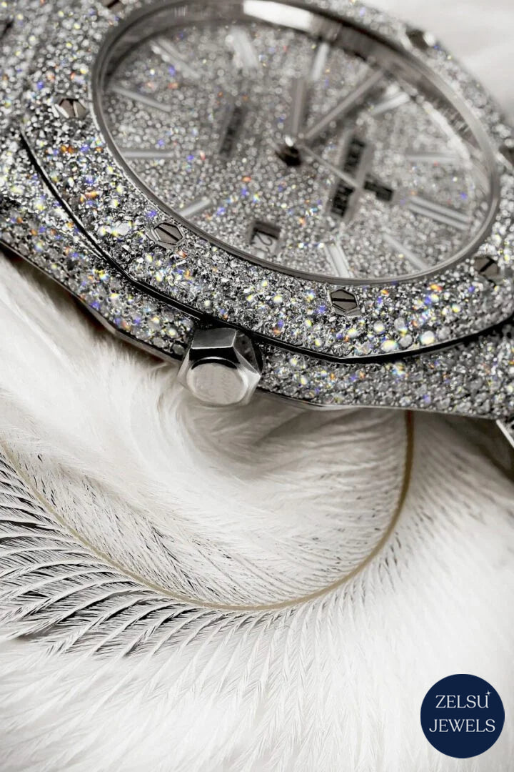 Radiant silver moissanite diamond watch, combining elegance and luxury with moissanite diamonds for a high-end look.