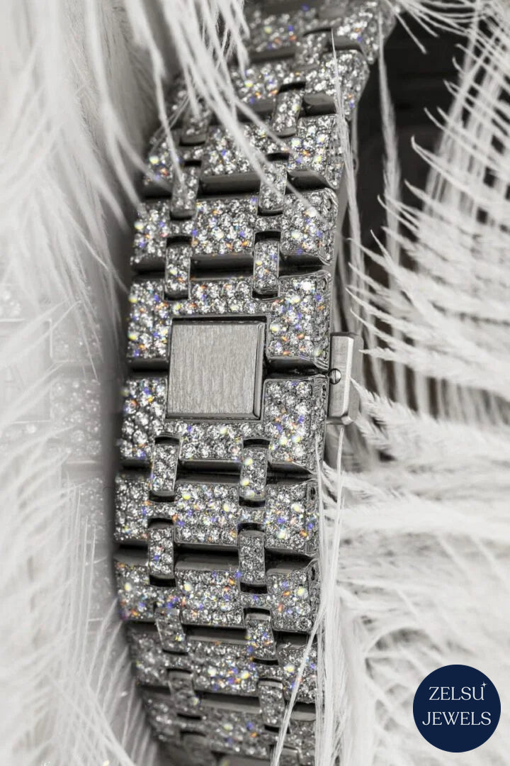 Elegant silver moissanite diamond watch with radiant diamonds, offering a timeless, luxury design.