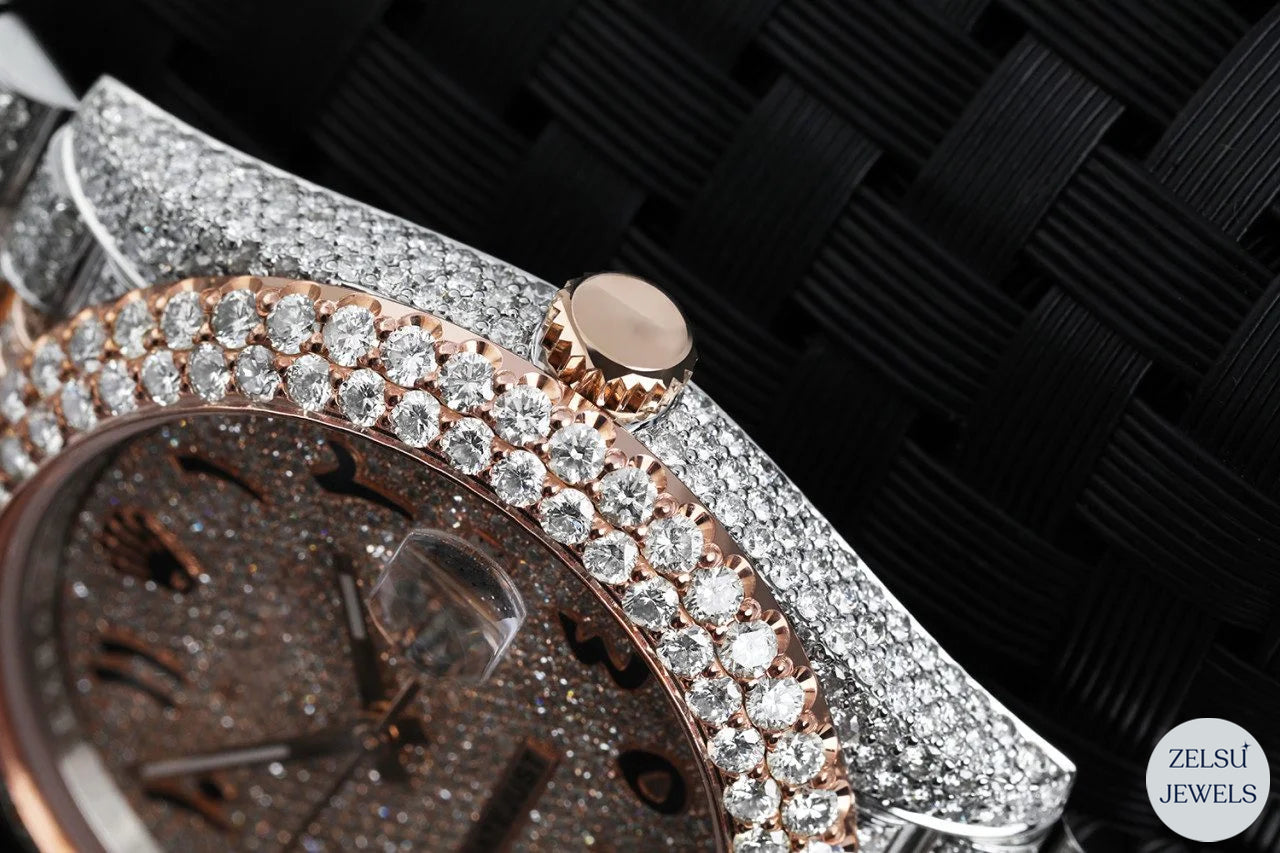 Stunning two-tone Rolex diamond watch, featuring radiant diamonds for a bold and sophisticated luxury timepiece.