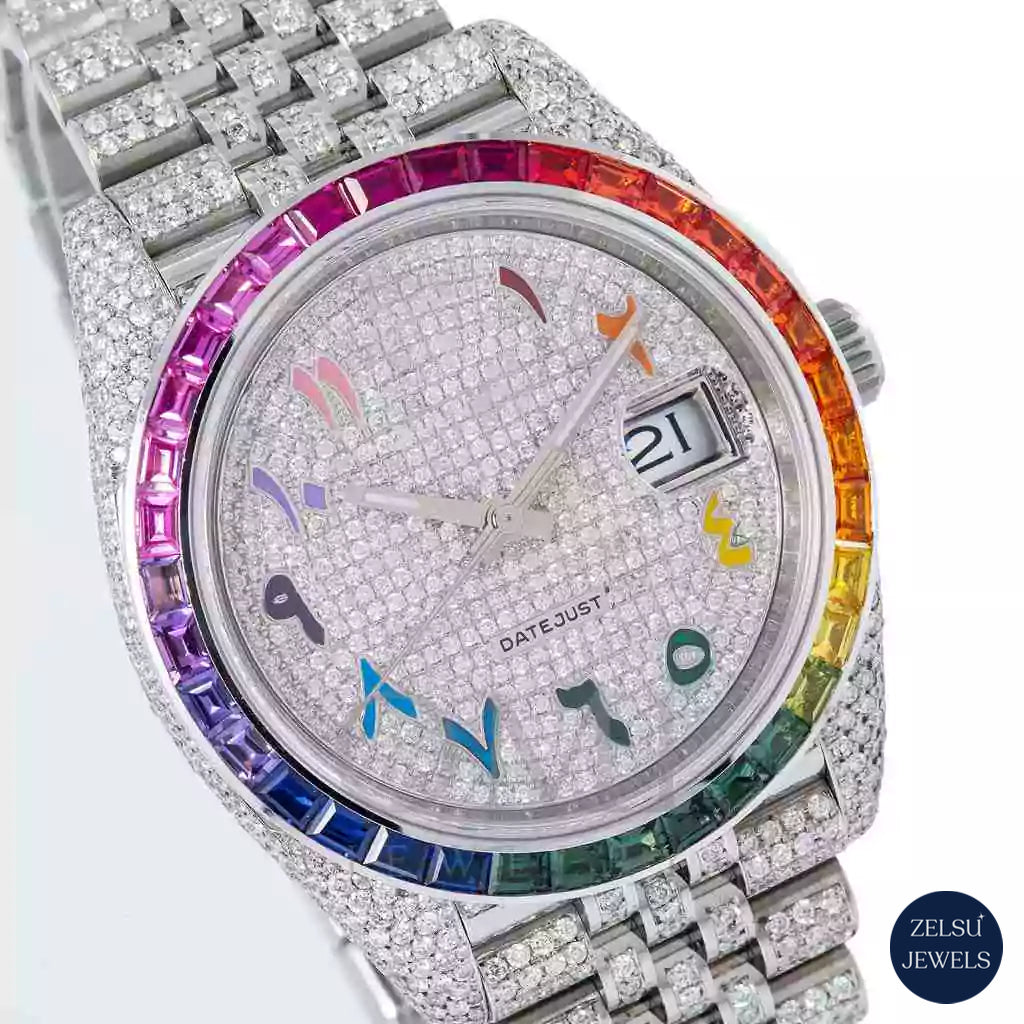Exquisite silver diamond watch featuring a dazzling rainbow dial and bezel for a unique luxury timepiece.