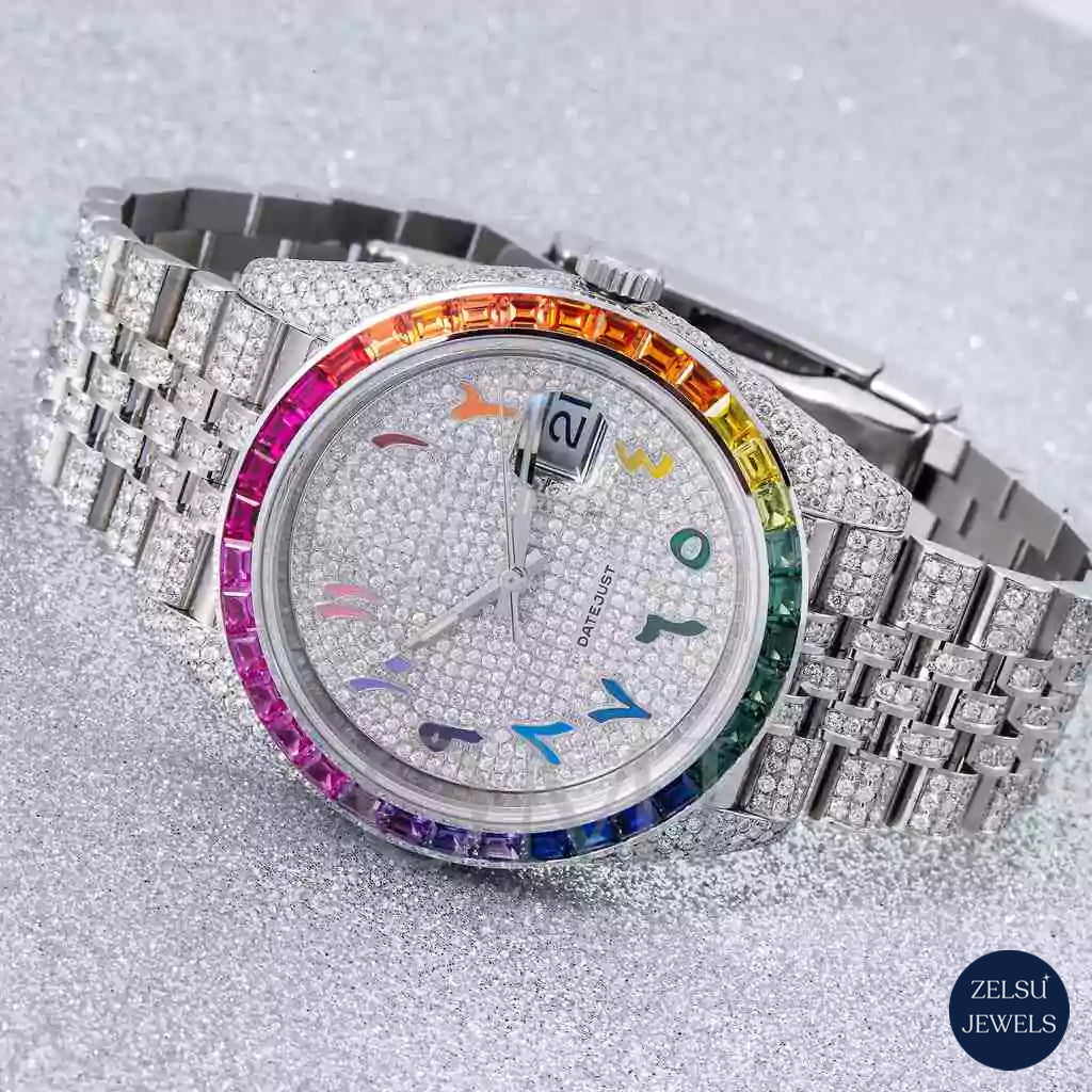 Radiant silver diamond watch with rainbow dial and bezel, perfect for fashion-forward individuals seeking luxury.