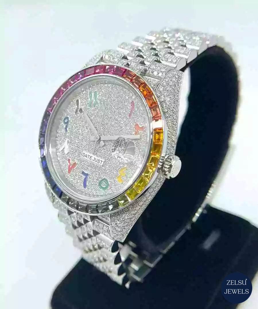 Silver diamond watch with vibrant rainbow dial and bezel, featuring sparkling diamonds for a high-end accessory.