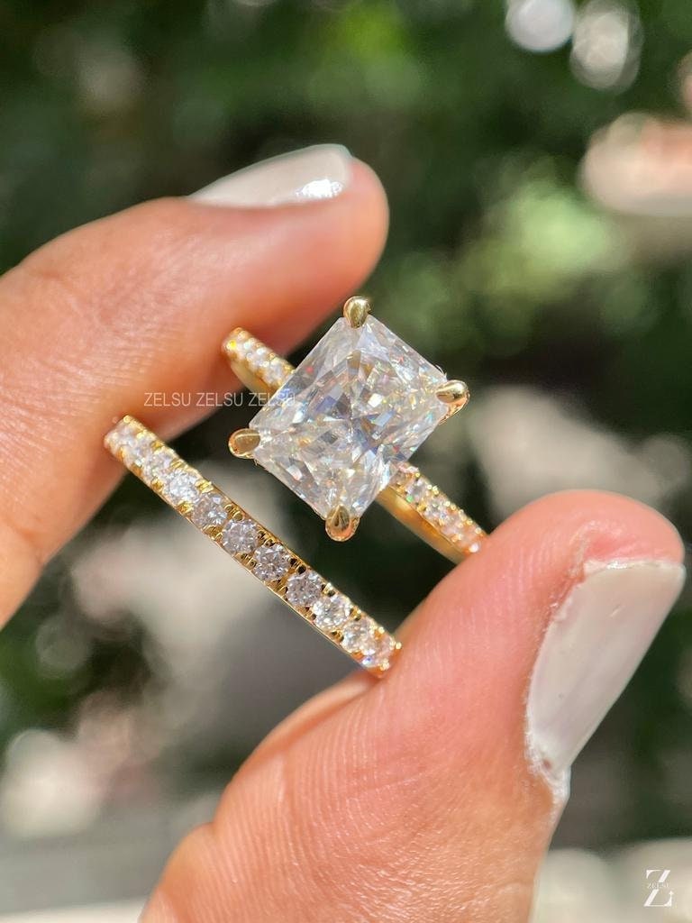 CT Radiant Cut Moissanite Engagement Diamond Ring, Bridal Set Gift F