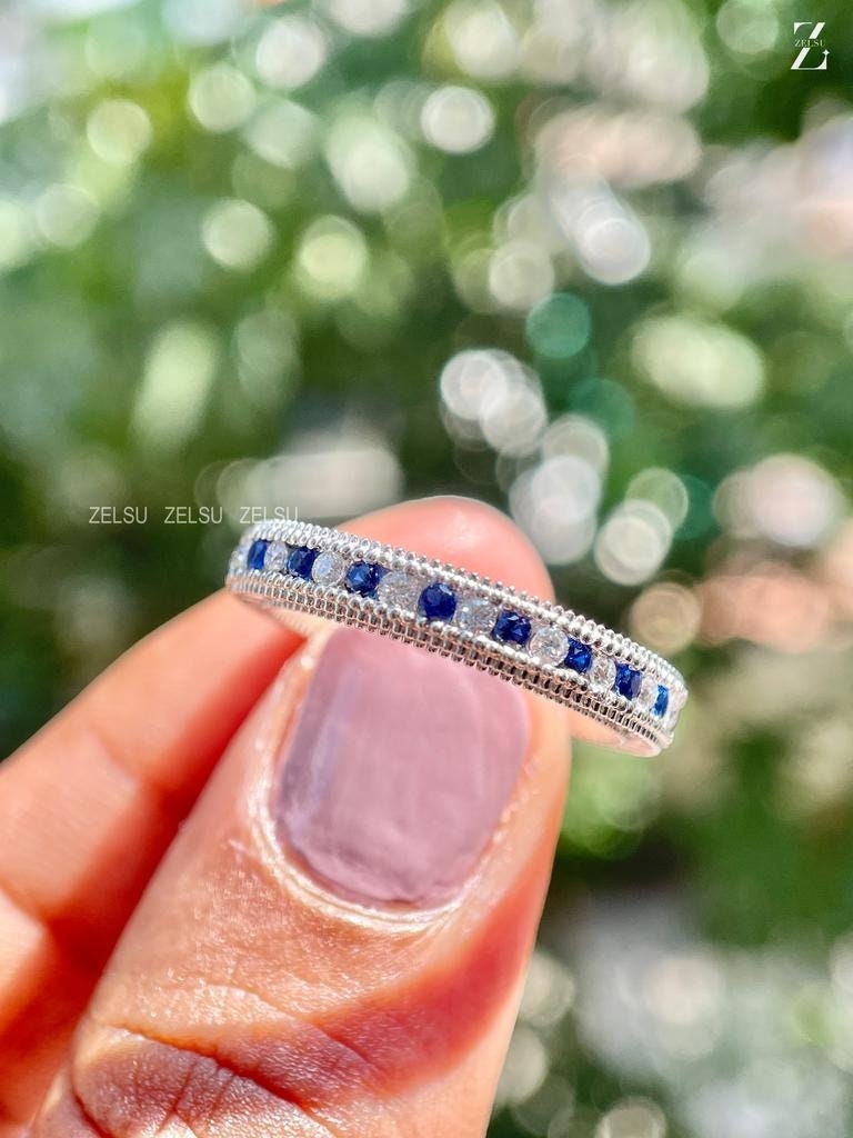 ctw Moissanite Blue Sapphire Diamond Ring /Channel Set Wedding