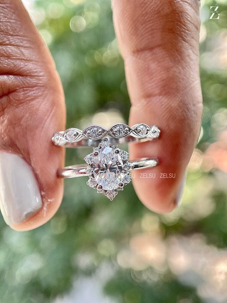 Oval Moissanite ring, White gold Wedding Set, Vintage Unique Bridal se