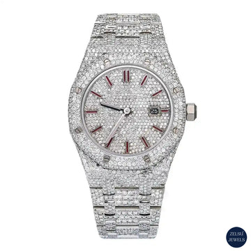 Luxury silver diamond watch with a striking red dial, perfect for a bold and stylish look.