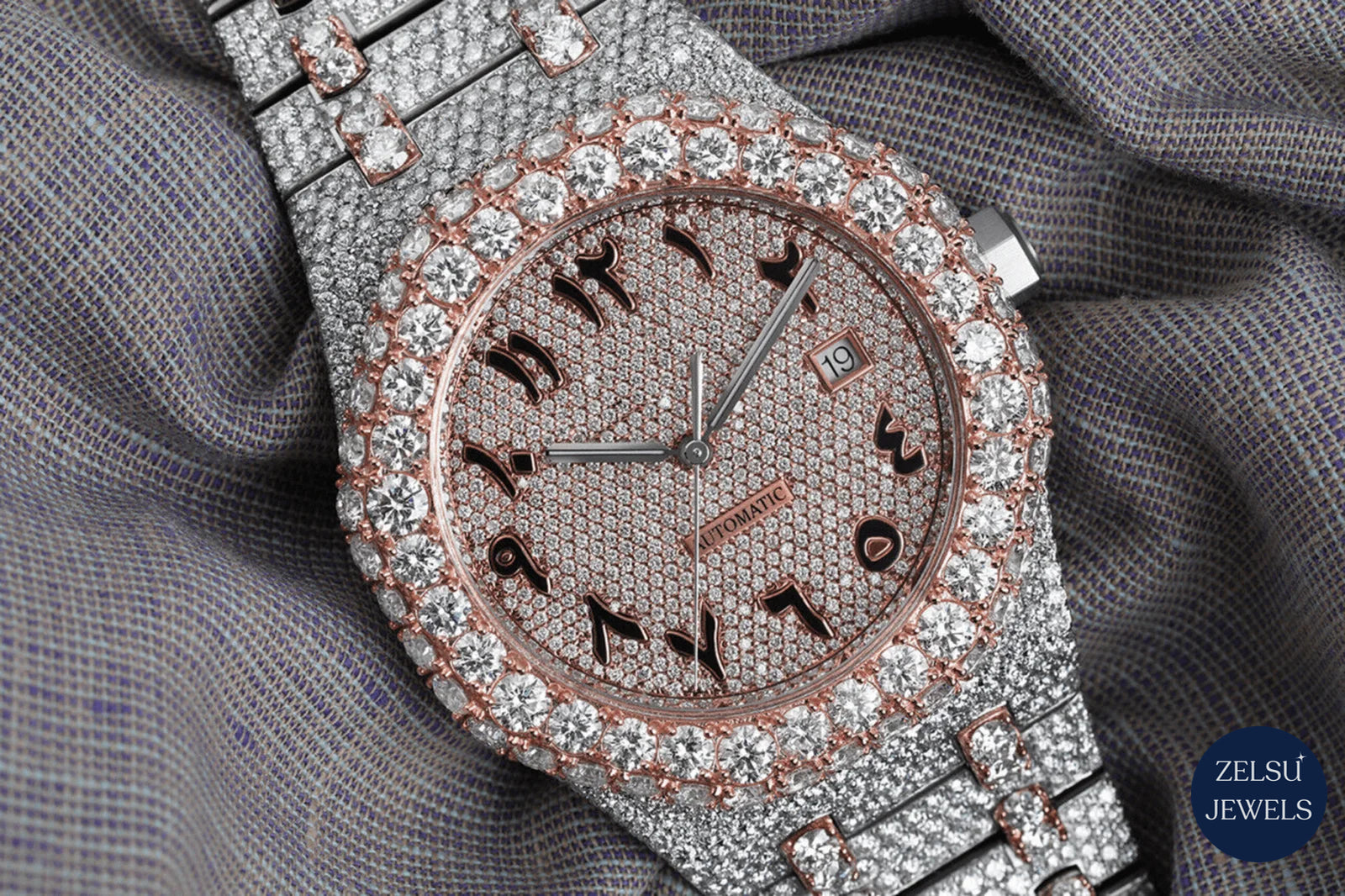 Exquisite Roman dial bust-down watch with radiant diamonds, combining classic Roman numerals with luxury diamond accents.