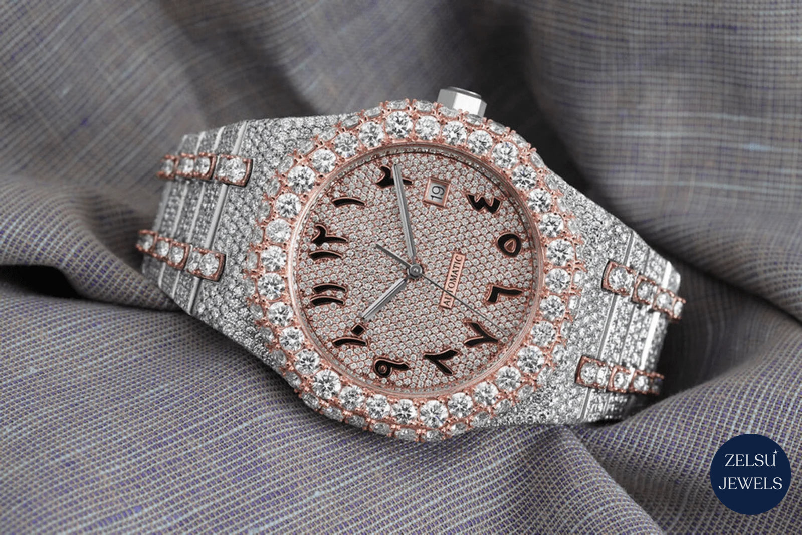 Luxury bust-down watch with Roman numerals and brilliant diamond detailing, offering an elegant and bold look.