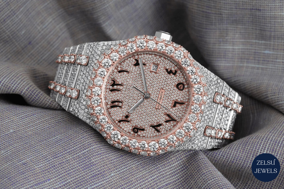 Exquisite Roman dial bust-down watch with radiant diamonds, combining classic Roman numerals with luxury diamond accents.