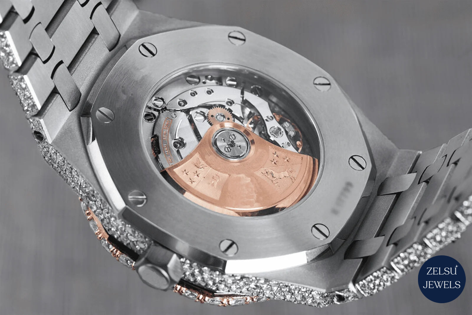 Elegant bust-down watch with Roman numeral dial and sparkling diamonds, perfect for those seeking a luxurious timepiece.