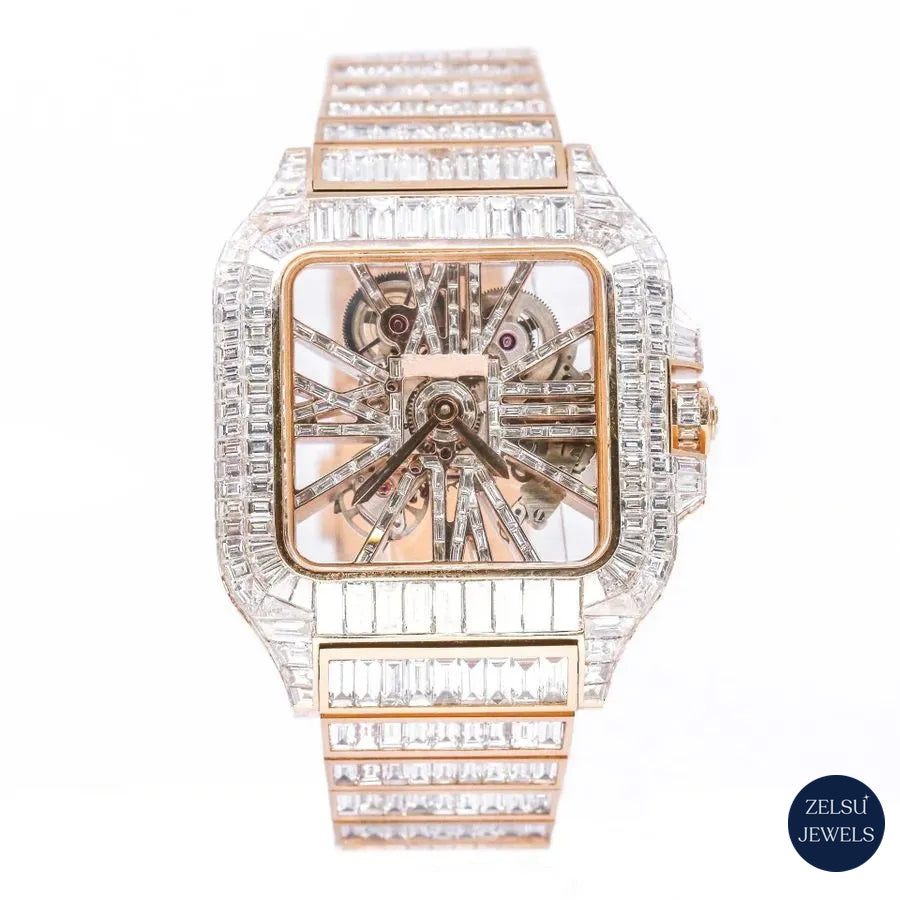 Automatic moissanite watch featuring an emerald diamond bezel, combining precision with elegant design and luxury.