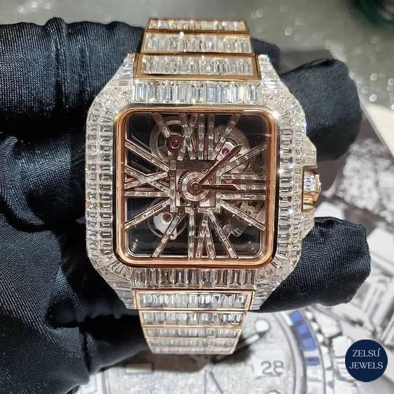 Automatic moissanite watch featuring an emerald diamond bezel, combining precision with elegant design and luxury.