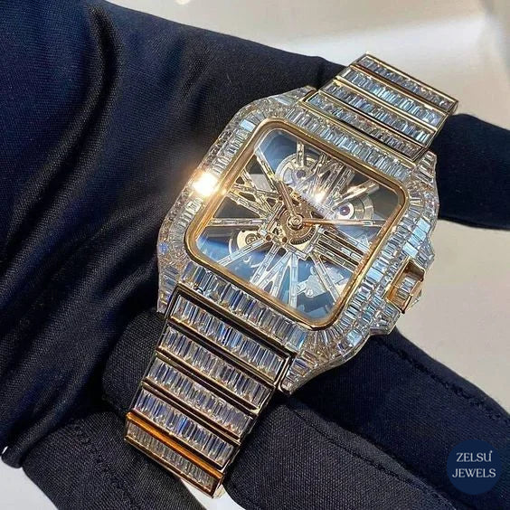 Exquisite automatic moissanite watch featuring a radiant emerald diamond bezel, ideal for fashion-forward collectors.
