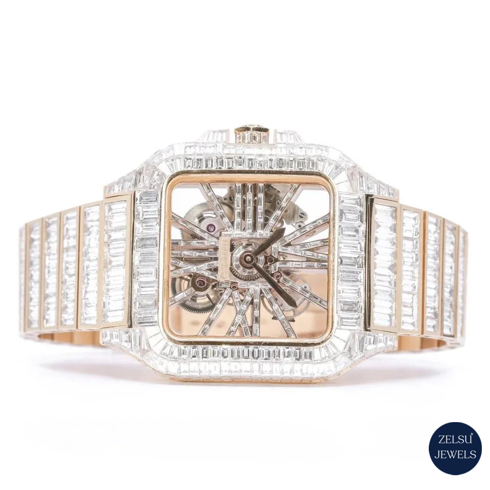 Sophisticated automatic moissanite watch with an emerald diamond bezel, offering both luxury and elegance.