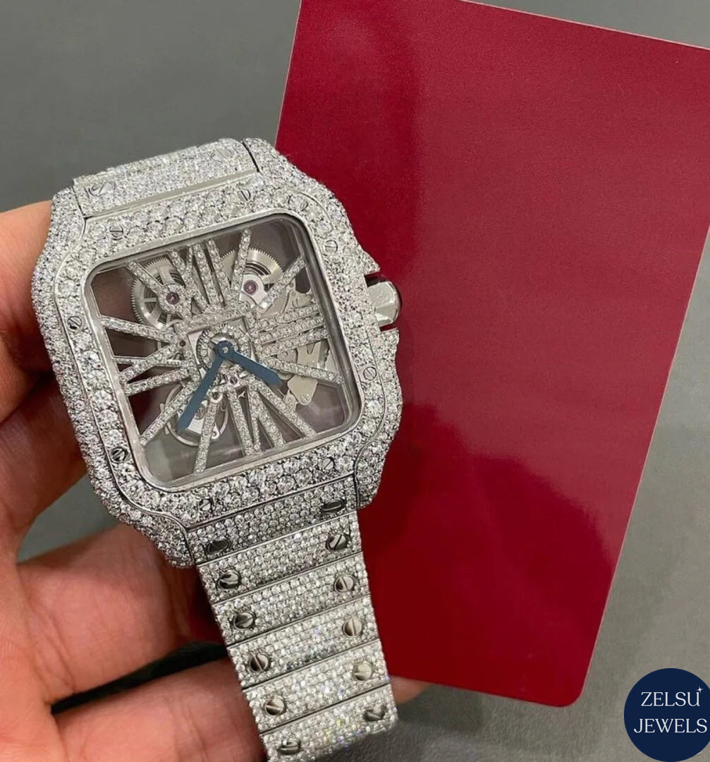 Luxury automatic moissanite watch with a diamond bezel, offering precision and timeless elegance.