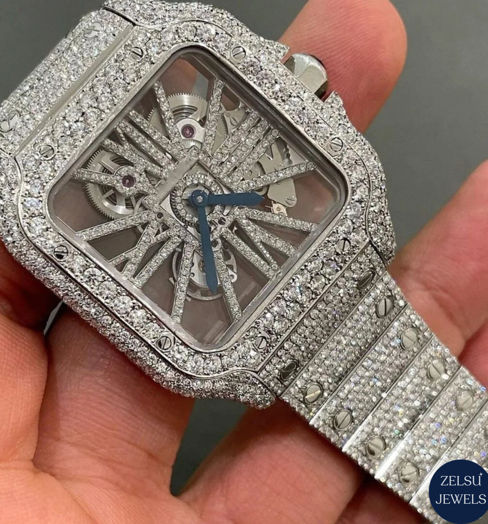 Automatic moissanite watch with dazzling diamond bezel, combining Swiss precision with high-end luxury.
