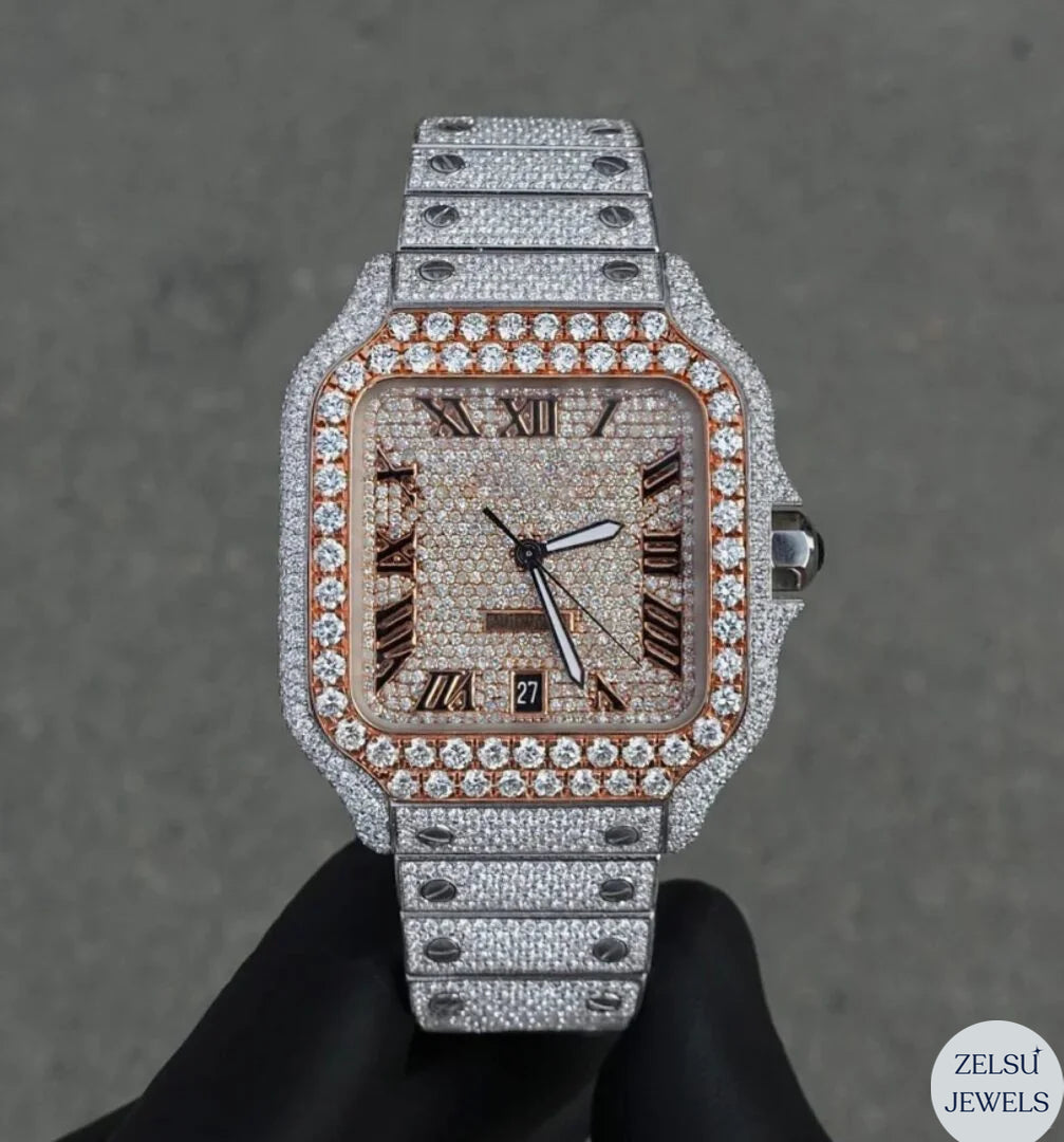 Luxury bust-down diamond watch featuring a blue diamond crown bezel, combining elegance with bold luxury.