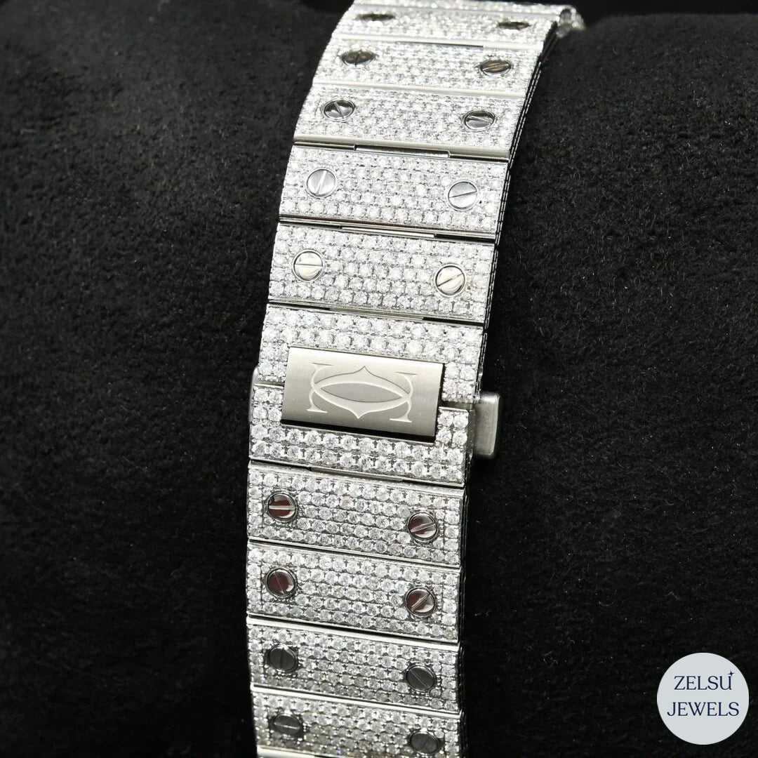Luxury bust-down diamond watch featuring a blue diamond crown bezel, combining elegance with bold luxury.